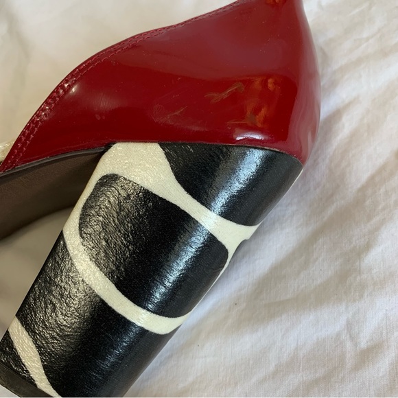 Naughty Monkey red patent and cow print asymmetric heels open toes buckle strap - Picture 10 of 16